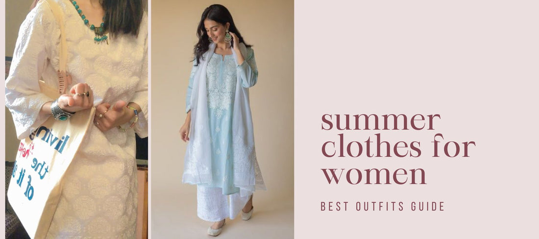 Two women wearing pastel chikankari kurtas – a white and a sky blue – standing against a neutral background, promoting ethnic summer wear for women
