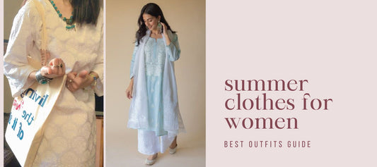Two women wearing pastel chikankari kurtas – a white and a sky blue – standing against a neutral background, promoting ethnic summer wear for women