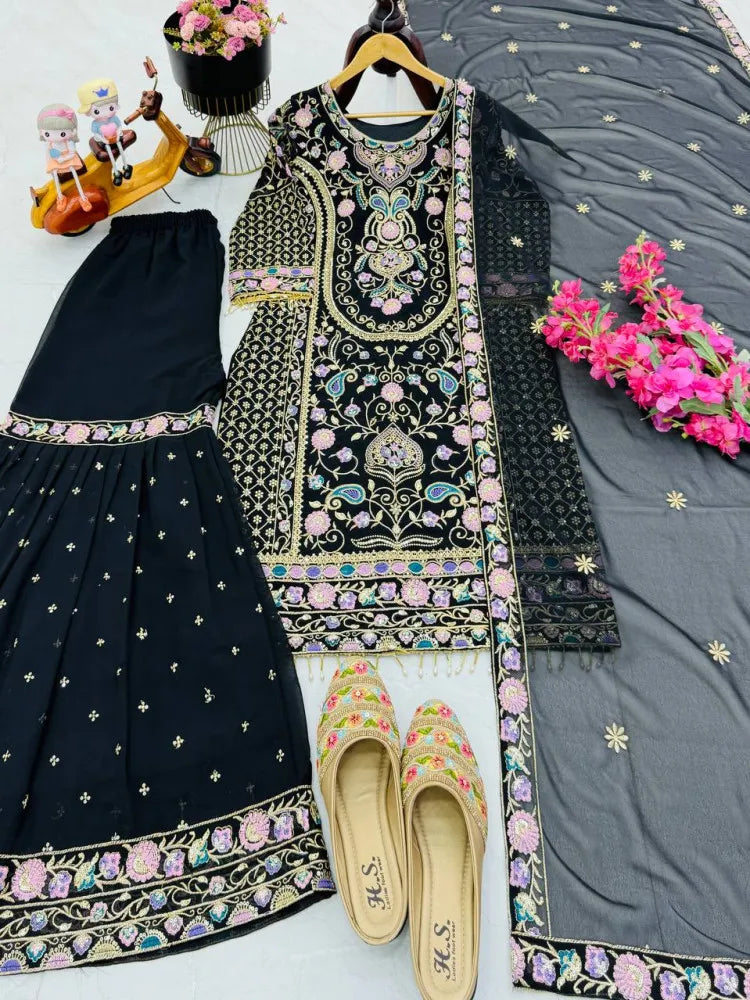 Kurta With Sharara Suit  Embroidery Work