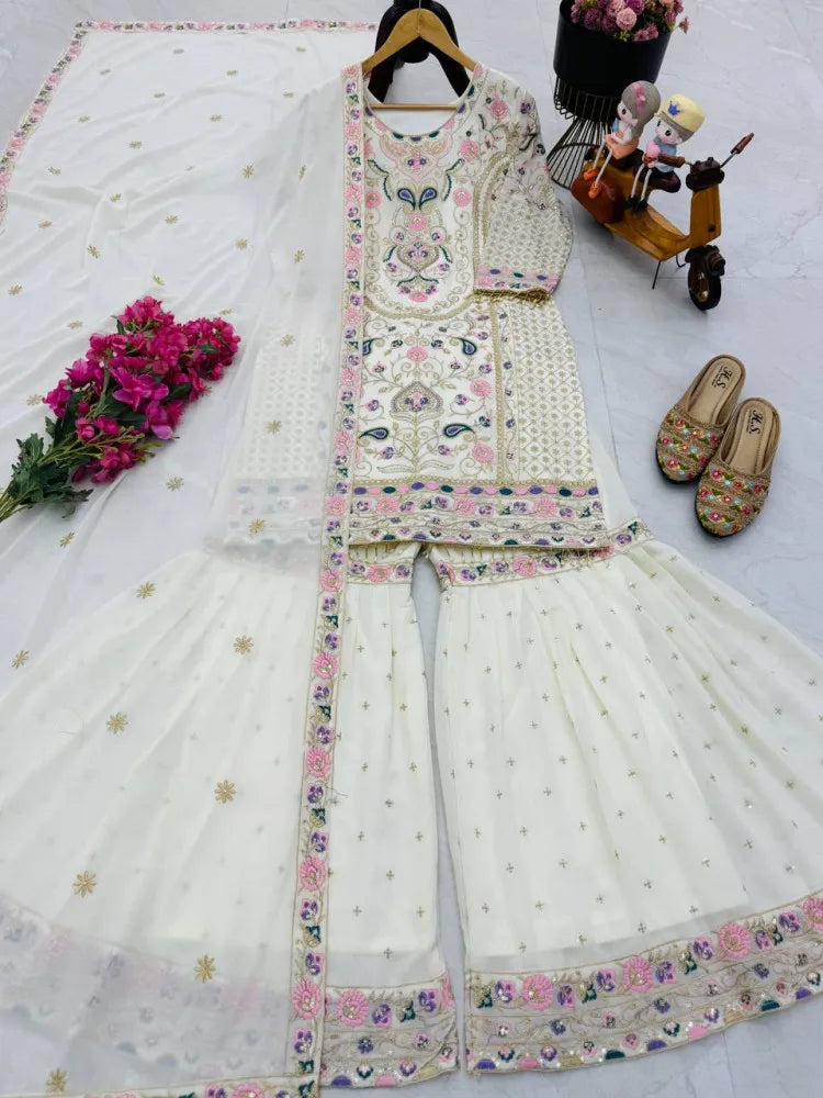 Kurta With Sharara Suit  Embroidery Work
