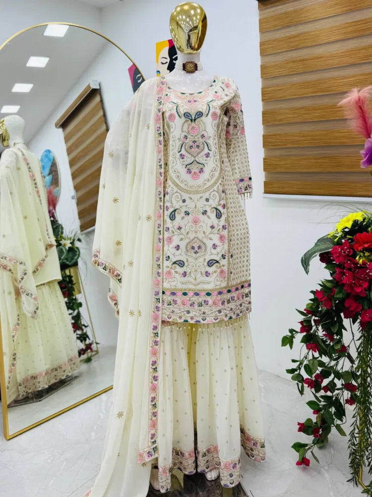 Kurta With Sharara Suit  Embroidery Work