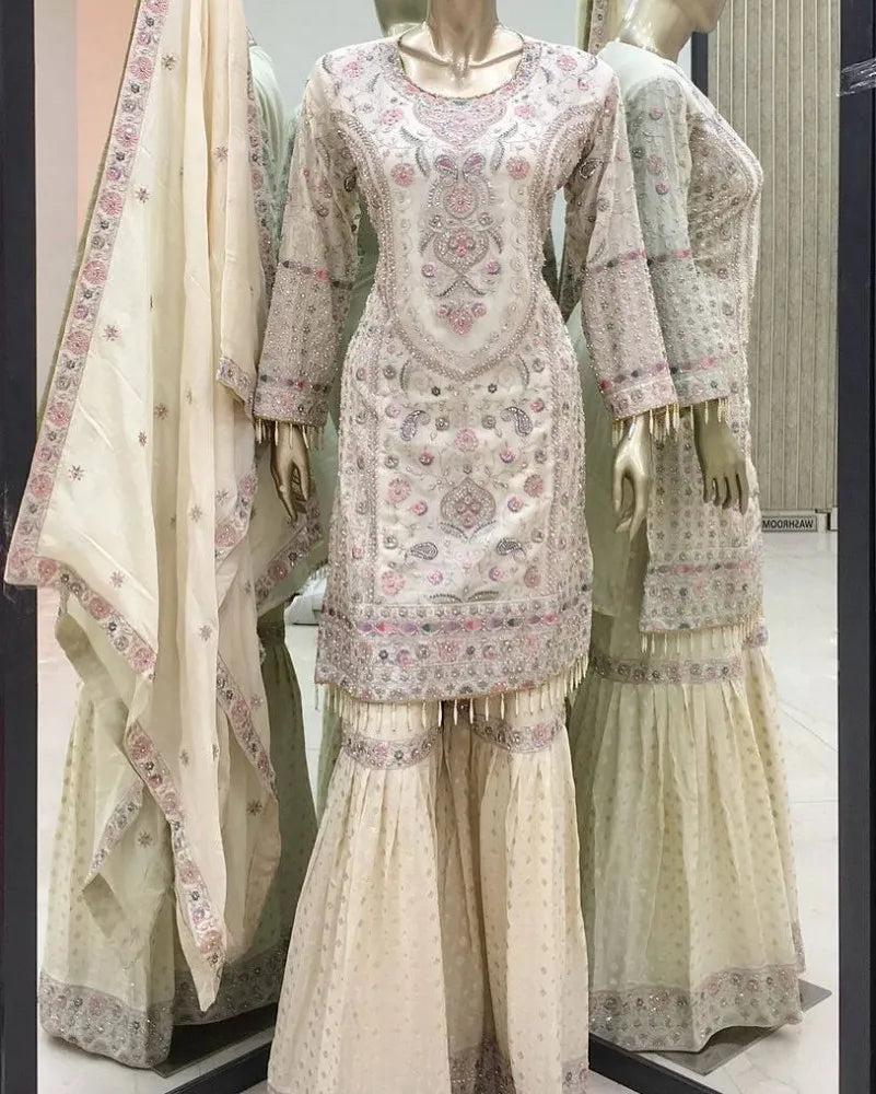 Kurta With Sharara Suit  Embroidery Work