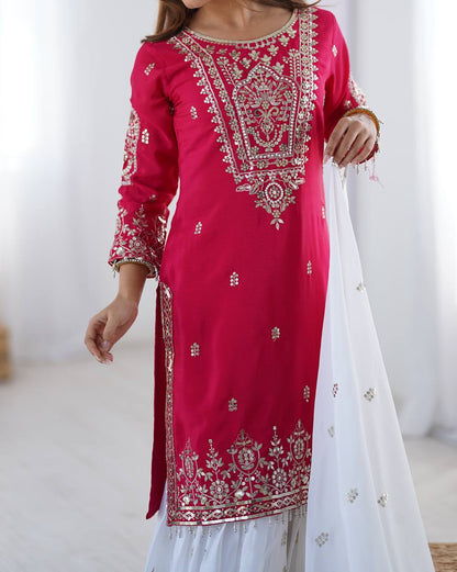 Flattering Embroidery Work Pink Color Sharara Suit