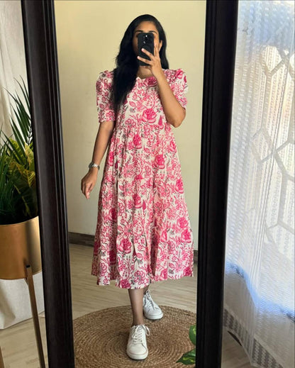 PInk Floral Printed Cotton Dress