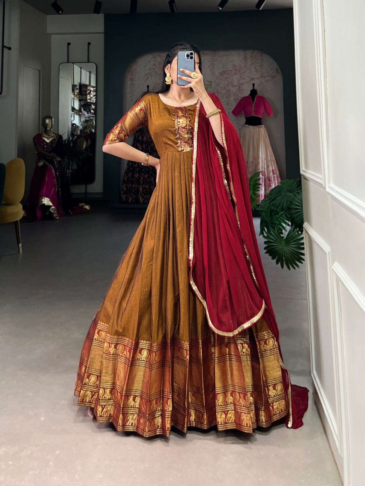 Cotton narayan pet with zari weaving work long gown