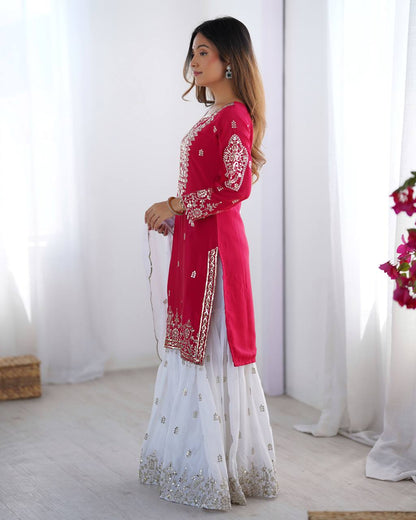 Flattering Embroidery Work Pink Color Sharara Suit