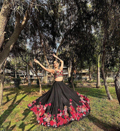 EEIRE BLACK LEHENGA WITH FLOWER EMBROIDERY