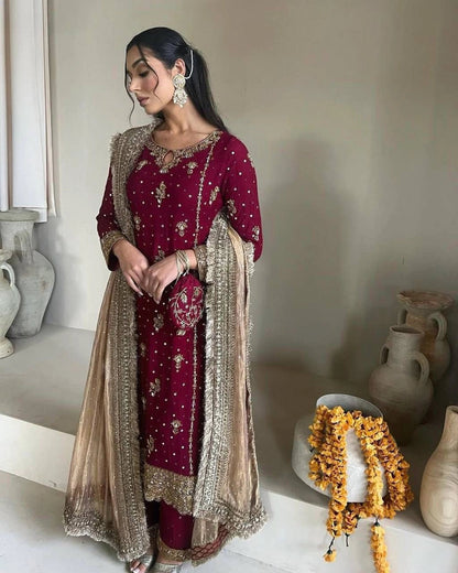 Embroidery And Sequins Work Sharara Suit