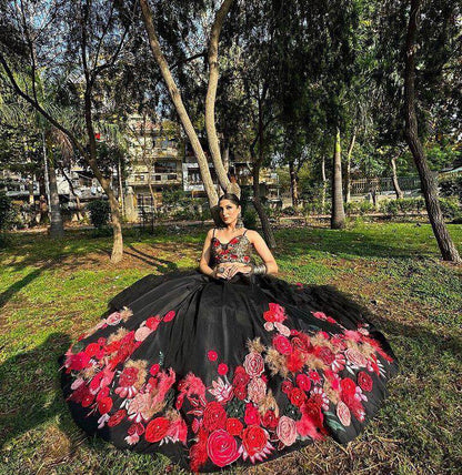 EEIRE BLACK LEHENGA WITH FLOWER EMBROIDERY