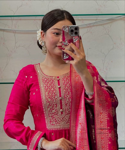 Anarkali Flared Kurti Pant Dupatta Set